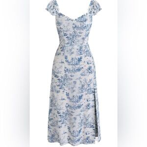 NWT - CIDER Toile de Jouy Ruffle Trim Slit Midi Dress, Blue & White, Small
